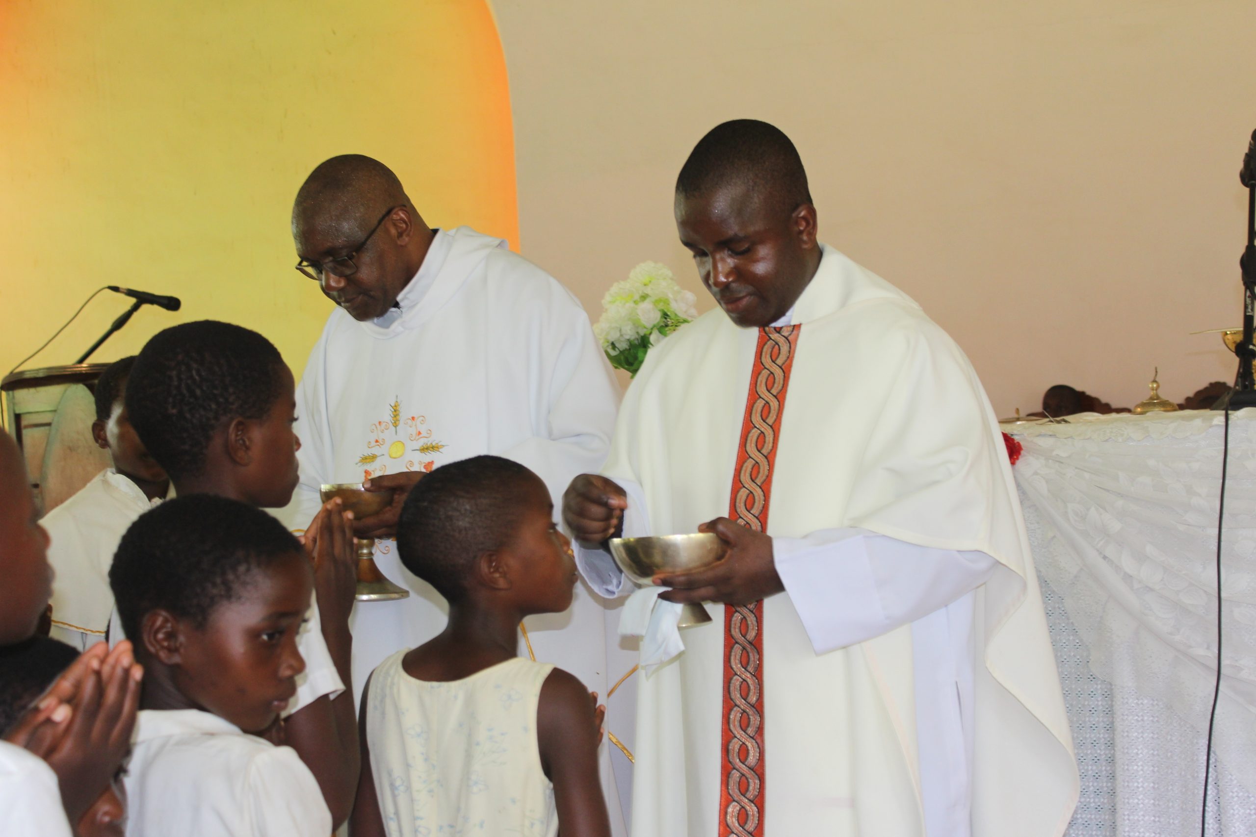 The Vicar General (in specs) and Father Simwela distributing communion during the event