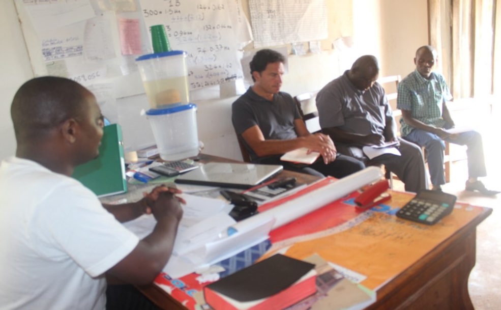 Resource Mobilisation Officer (in white) Stephano Nkhata welcoming visitors at Chipunga Farm (From Left Keith Polo, Fr Bundi and Fr Chitsulo